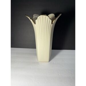 Lenox Ivory Porcelain Vase Gold Trim Fluted Scalloped Rim USA 10.5"